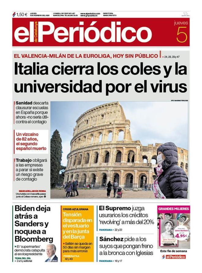 La portada de EL PERIÓDICO del 5 de marzo del 2020.