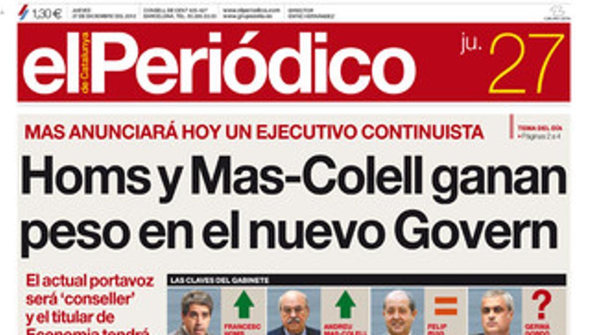 La portada de EL PERIÓDICO DE CATALUNYA.