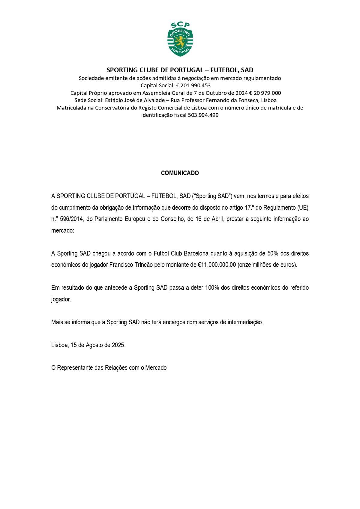 El comunicado del Sporting de Portugal sobre Trincao