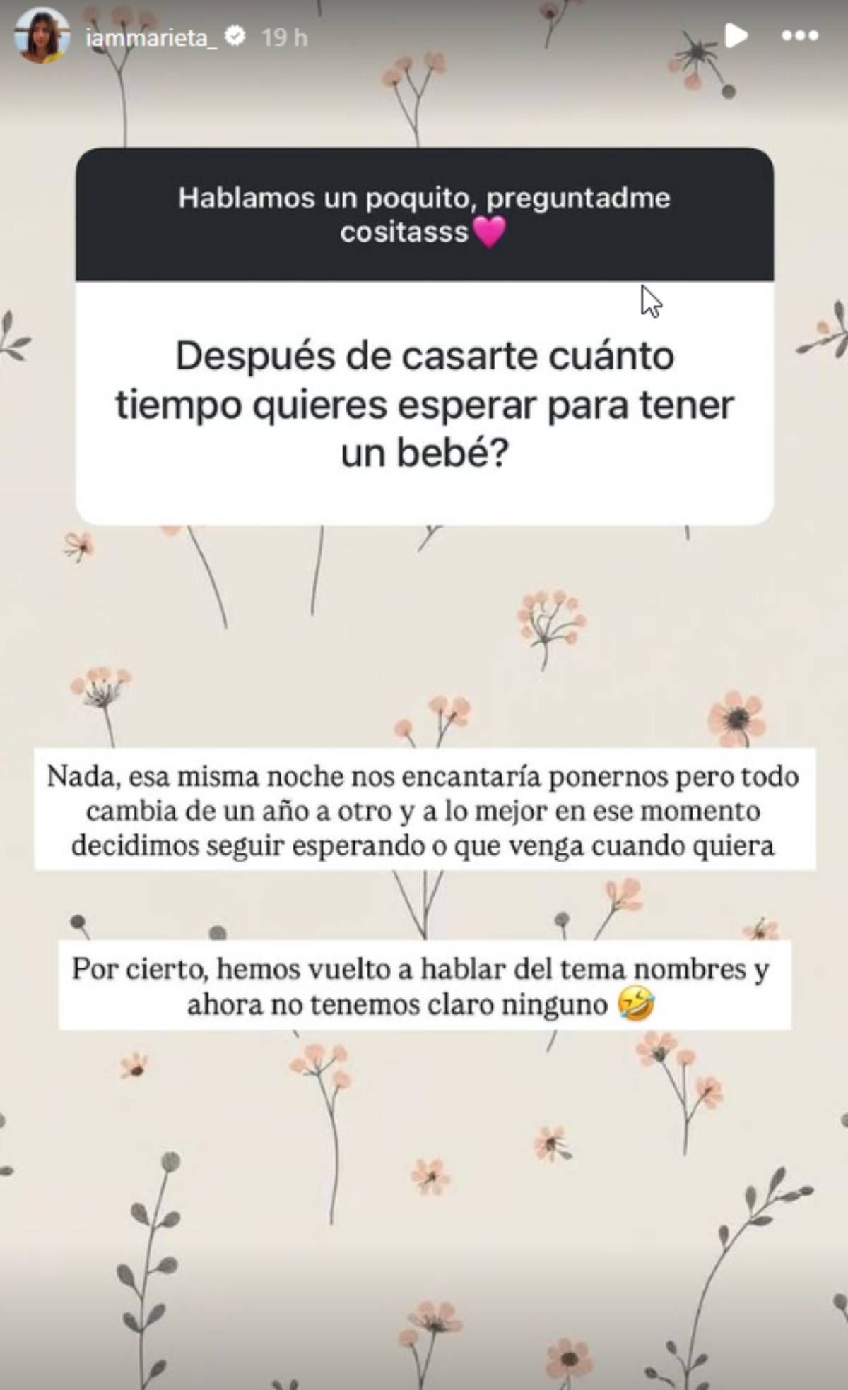 Marieta habla sobre sus planes de convertirse en madre junto a Suso