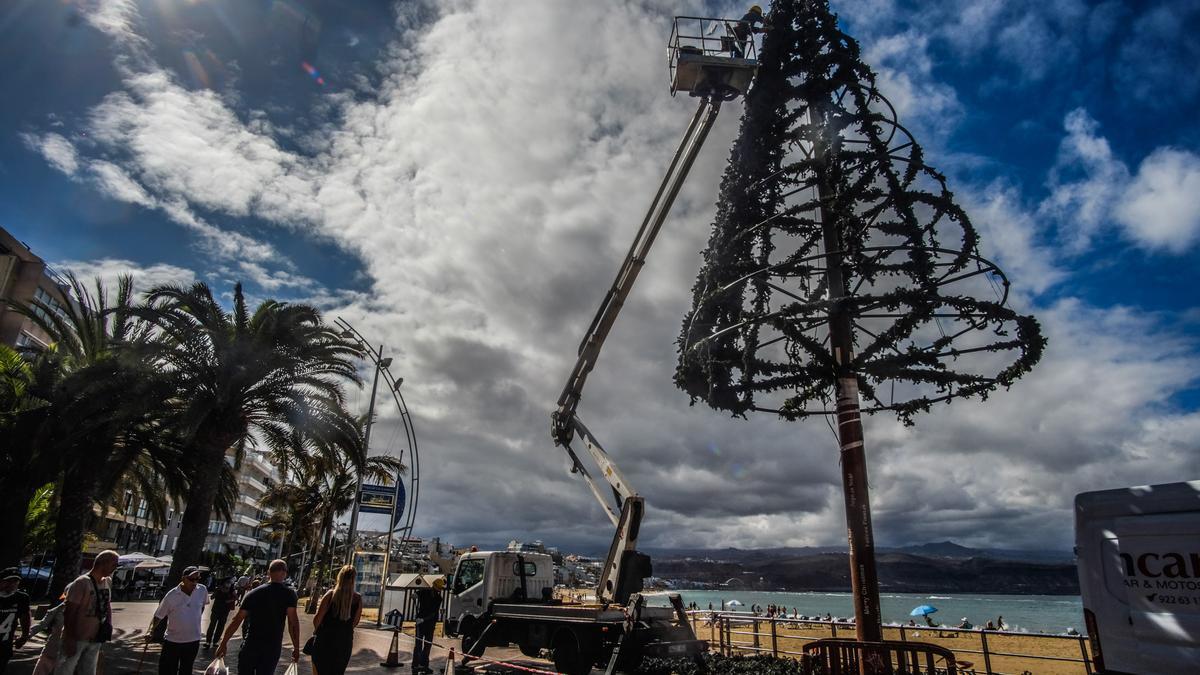 Instalación del árbol de Navidad en el paseo de Las Canteras