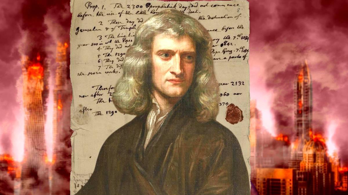 Isaac Newton en un retrato hecho por Godfrey Kneller en 1689, con su apocalíptica carta de fondo