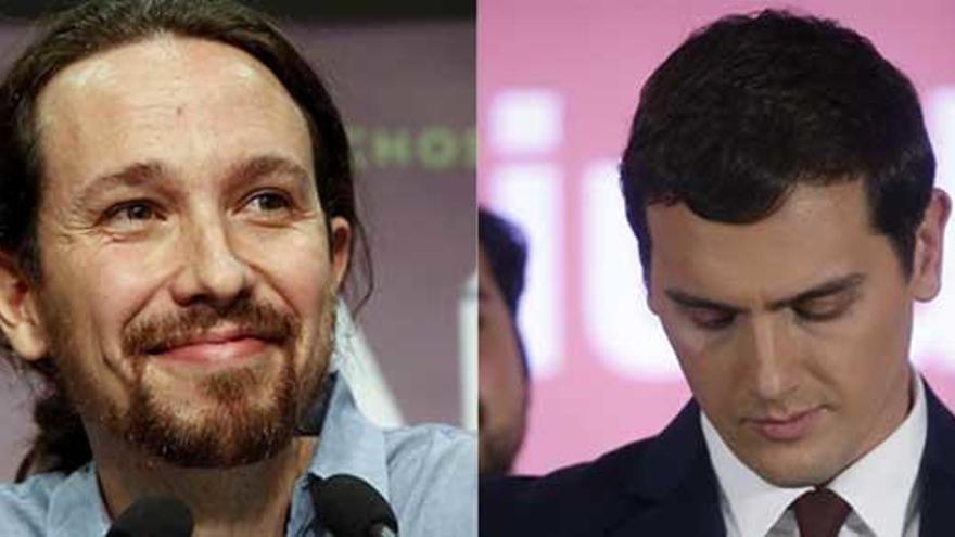 Pablo Iglesias y Albert Rivera, en sus comparecencias.