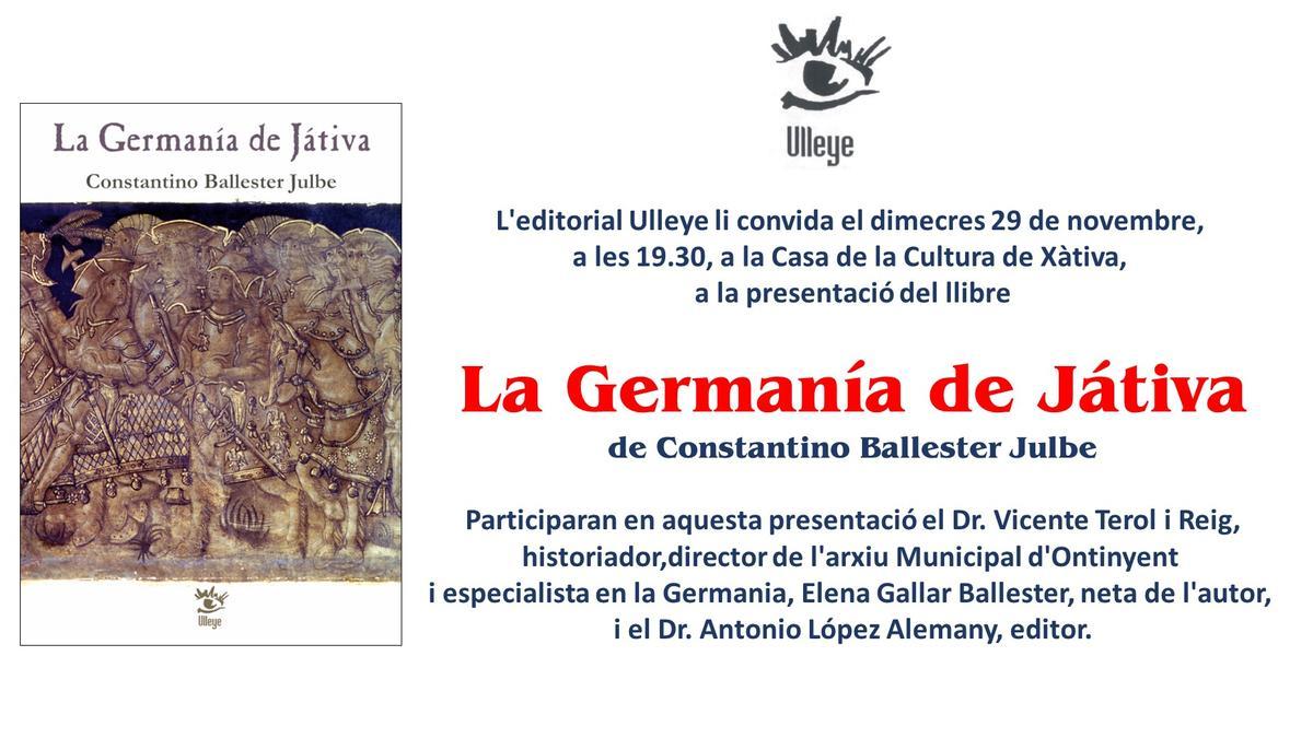 Cartel de la presentación del libro en Xàtiva.