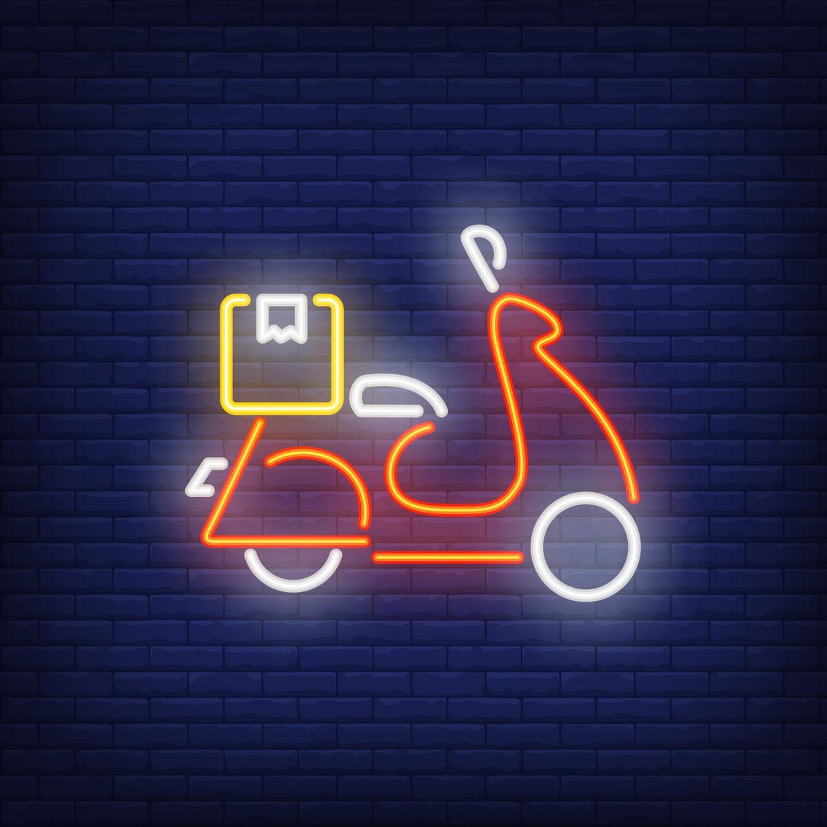 Side view of scooter on brick background. Neon style vector
