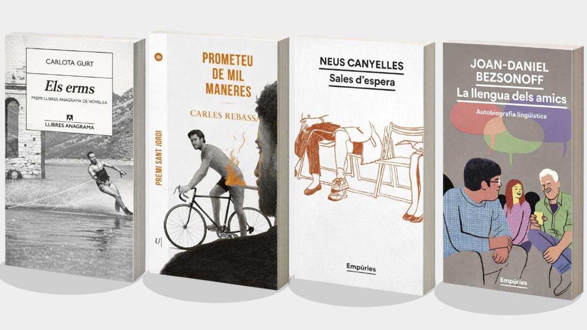 Portades dels llibres: 'Els erms' , Carlota Gurt. 'Sales d’espera'  Neus Canyelles. 'Prometeu de mil maneres' Carles Rebassa. 'La llengua dels amics'  Joan-Daniel Bezsonoff.