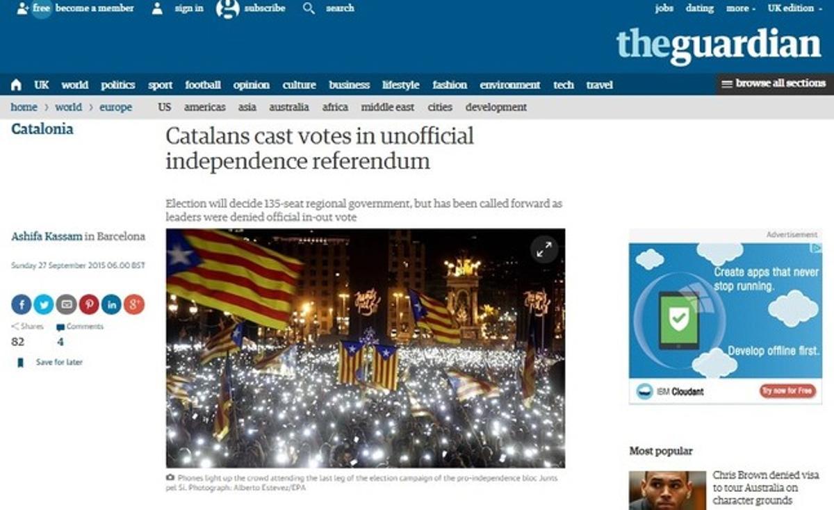 Captura de la web de ’The Guardian’, on informa de les eleccions catalanes. Captura de la web de ’The Guardian’, on informa de les eleccions catalanes.