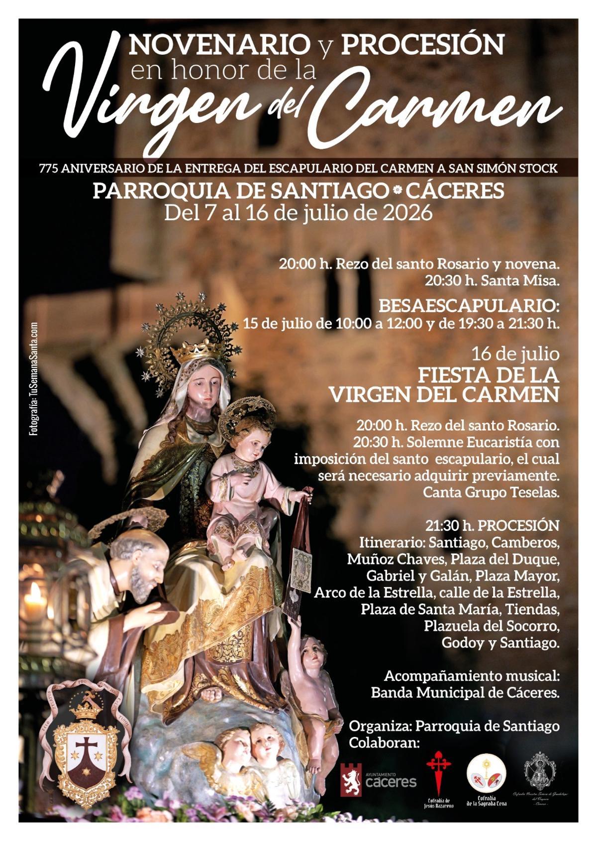 Cartel anunciador del novenario y la procesión de la Virgen del Carmen en Santiago.