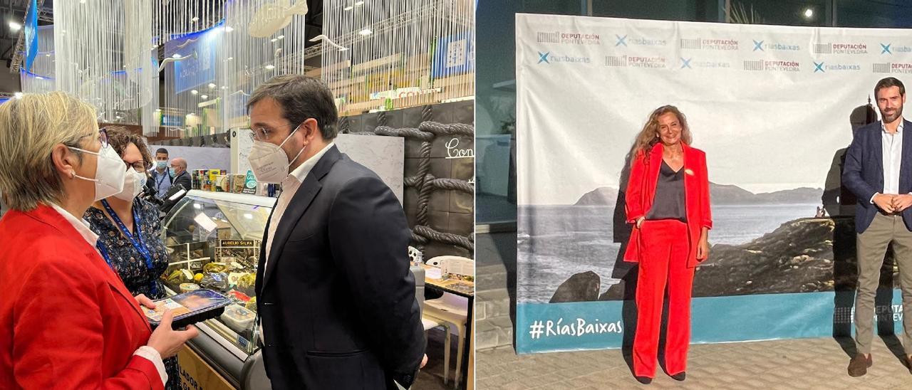 La conselleira Rosa Quintana y la presidenta Carmela Silva, ambas de traje rojo, coincidieron ayer en hacer promoción, una en Madrid y la otra, en Valencia.