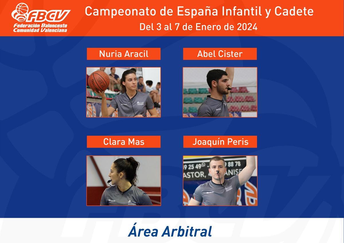 Cuatro árbitros FBCV han sido designados por la Federación Española para dirigir los encuentros del próximo Campeonato de España Infantil y Cadete de Selecciones Autonómicas.