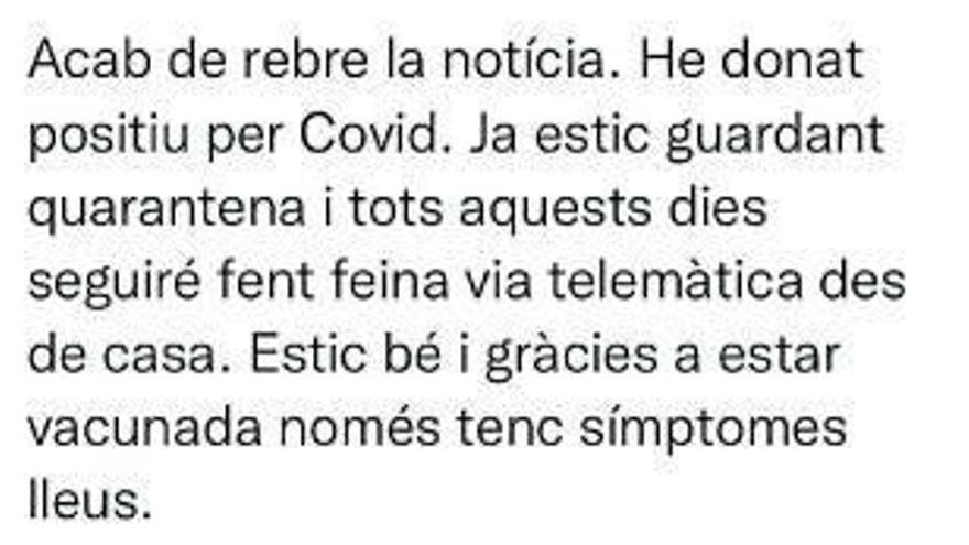 Armengol, positivo en covid, afirma que está «bien» y tiene síntomas leves