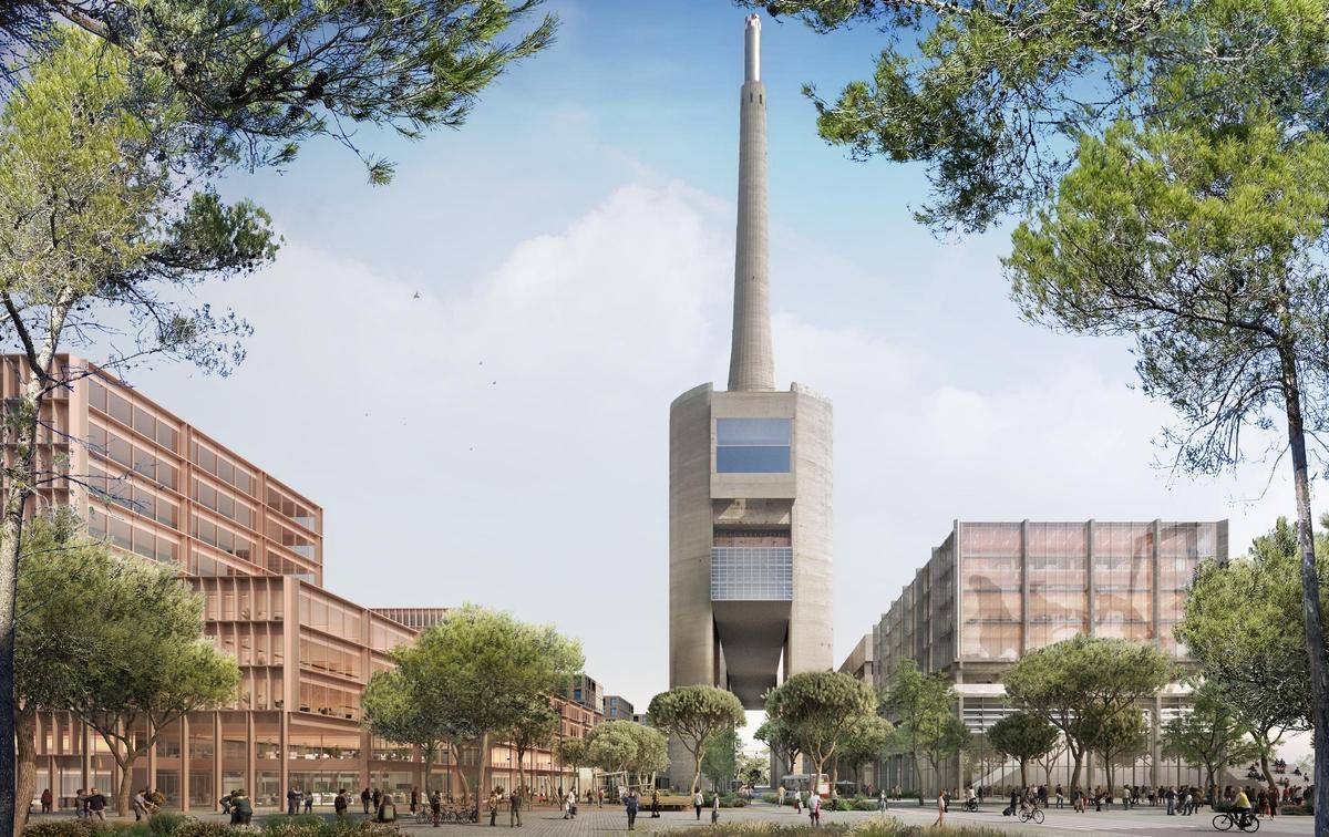 Recreación de las Tres Xemeneies, en Sant Adrià de Besòs, con la nave de turbinas a la derecha y los edificios pendientes de construir a la izquierda.