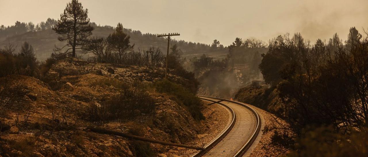 El foc arriba a les vies del tren als voltants de Bejís.