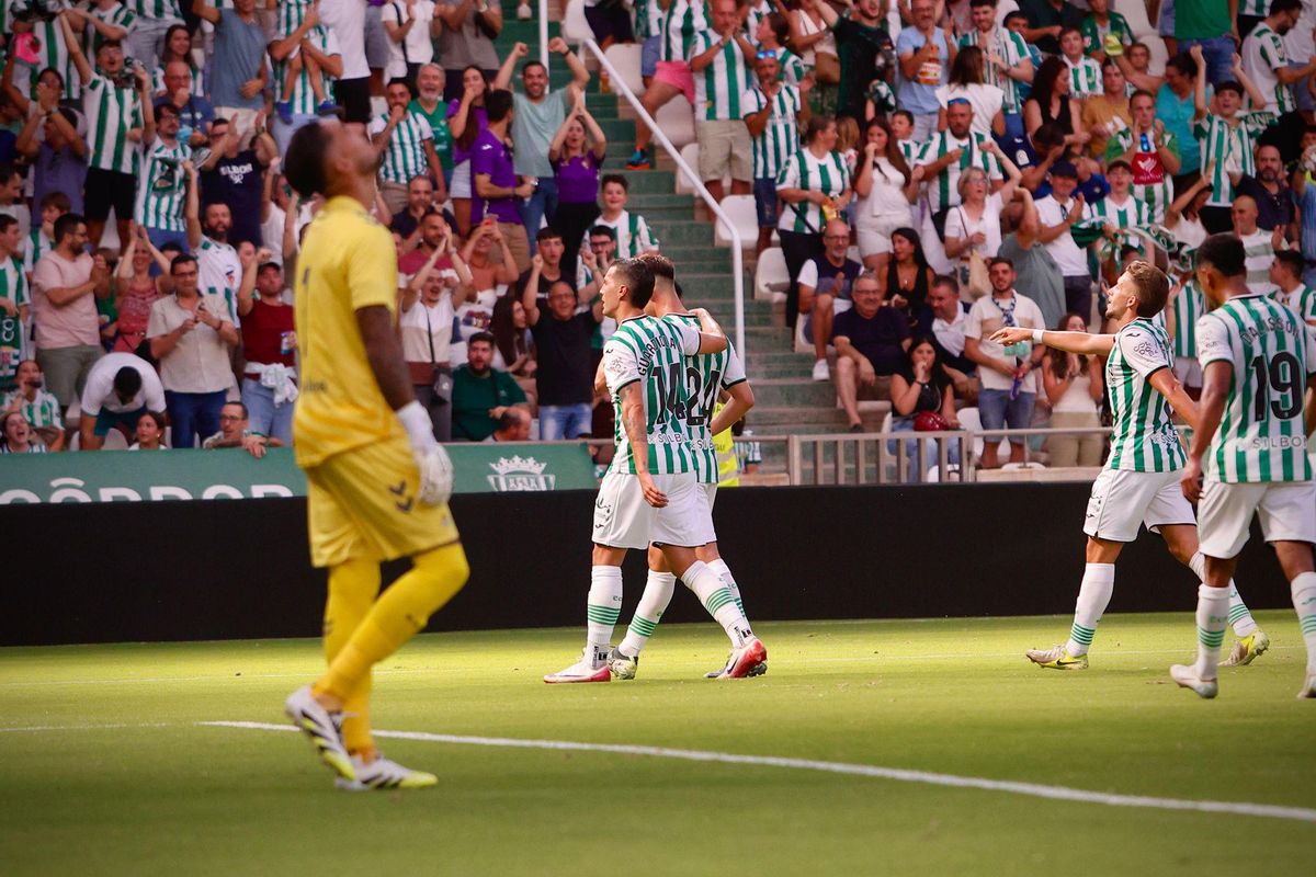 Los futbolistas del Córdoba CF celebran el gol de Pedro Ortiz, en la primera mitad del partido.
