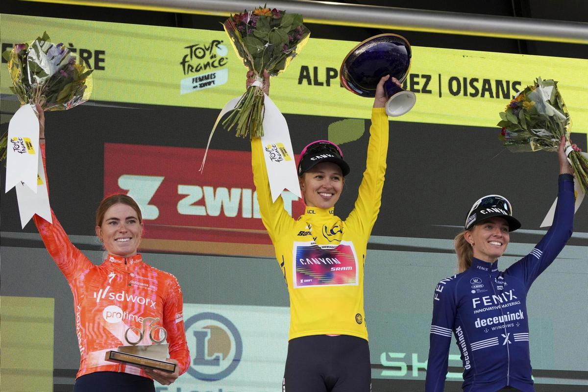 Kasia Niewiadoma, en el podio escoltada por Demi Vollering y Pauliena Rooijakkers
