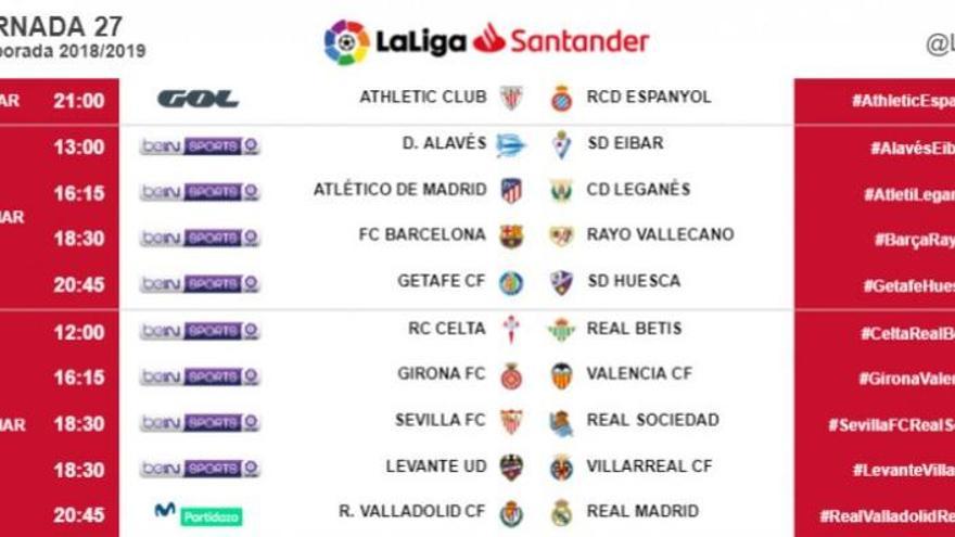 Els horaris corresponents a la 27a jornada de Lliga a Primera