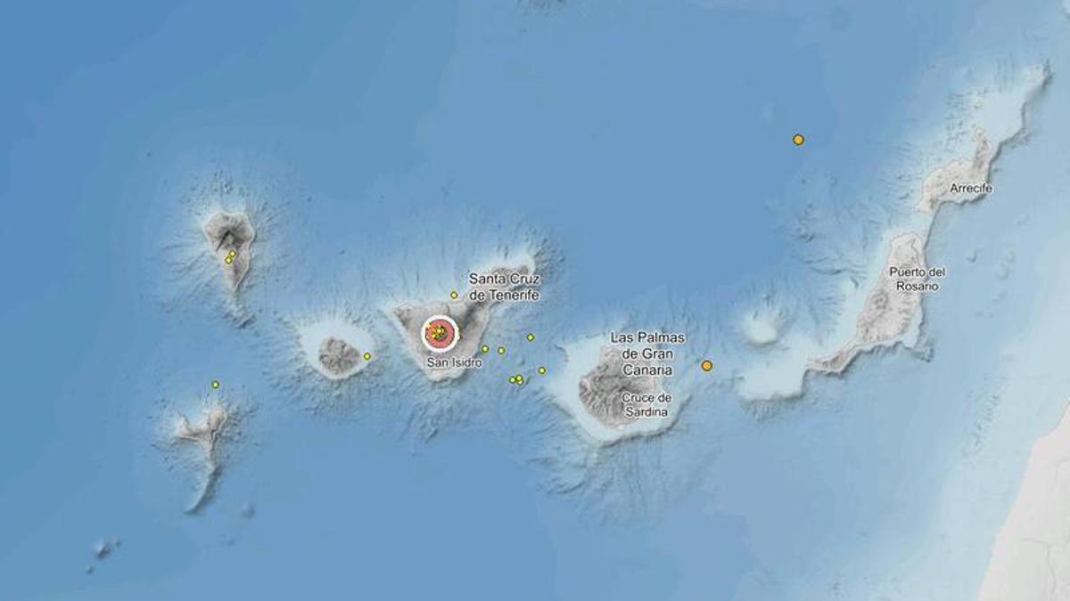 Mapa con los últimos terremotos de Canarias