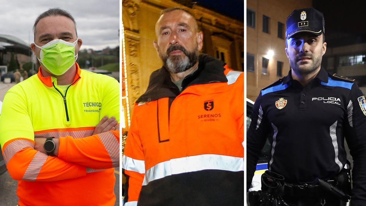 Por la izquierda, el técnico de emergencias Carlos Sánchez, el sereno Javier Climent y el subinspector de la Policía Local de Oviedo Mario Álvarez