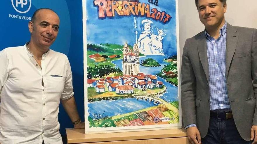 El artista Rafael Prieto posa junto al cartel acompañado de Jacobo Moreira. // Rafa Vázquez