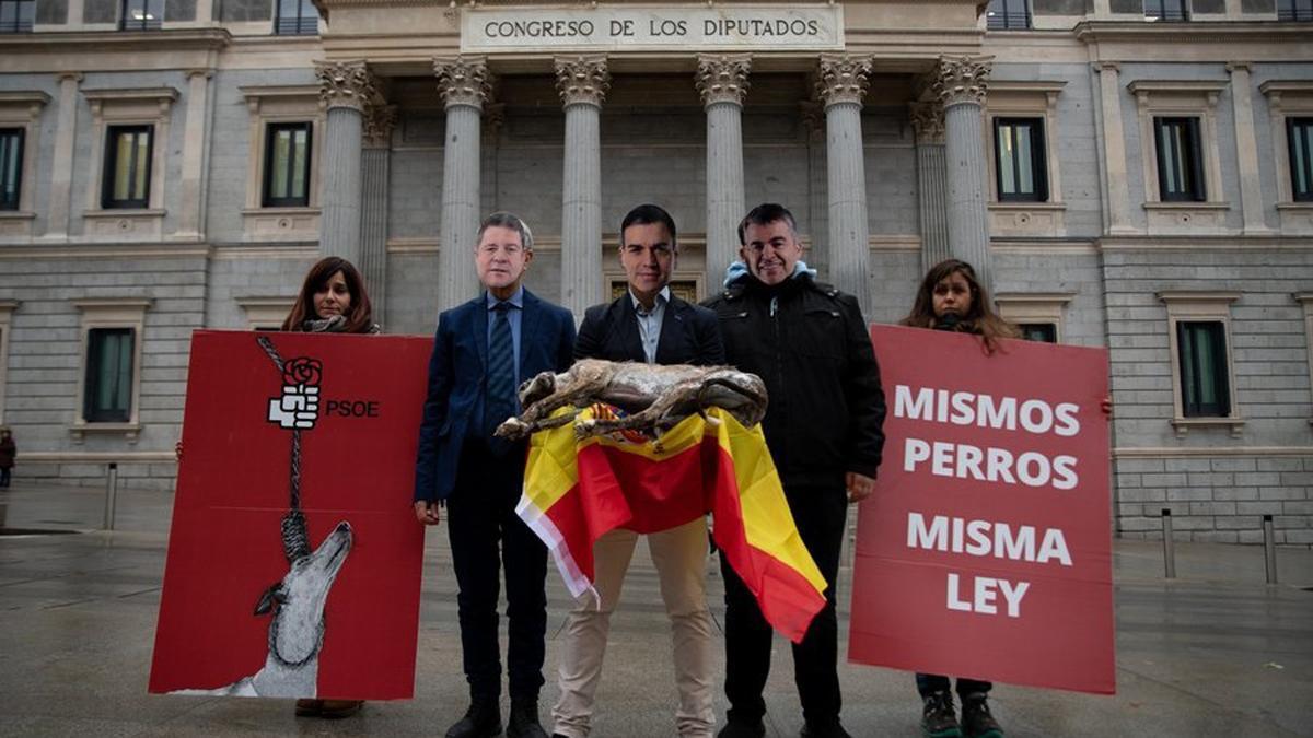 Asociaciones animalistas han convocado este lunes una protesta frente al Congreso para exigir al PSOE que retire la enmienda que deja fuera de la protección de la ley de bienestar animal a los perros de caza.