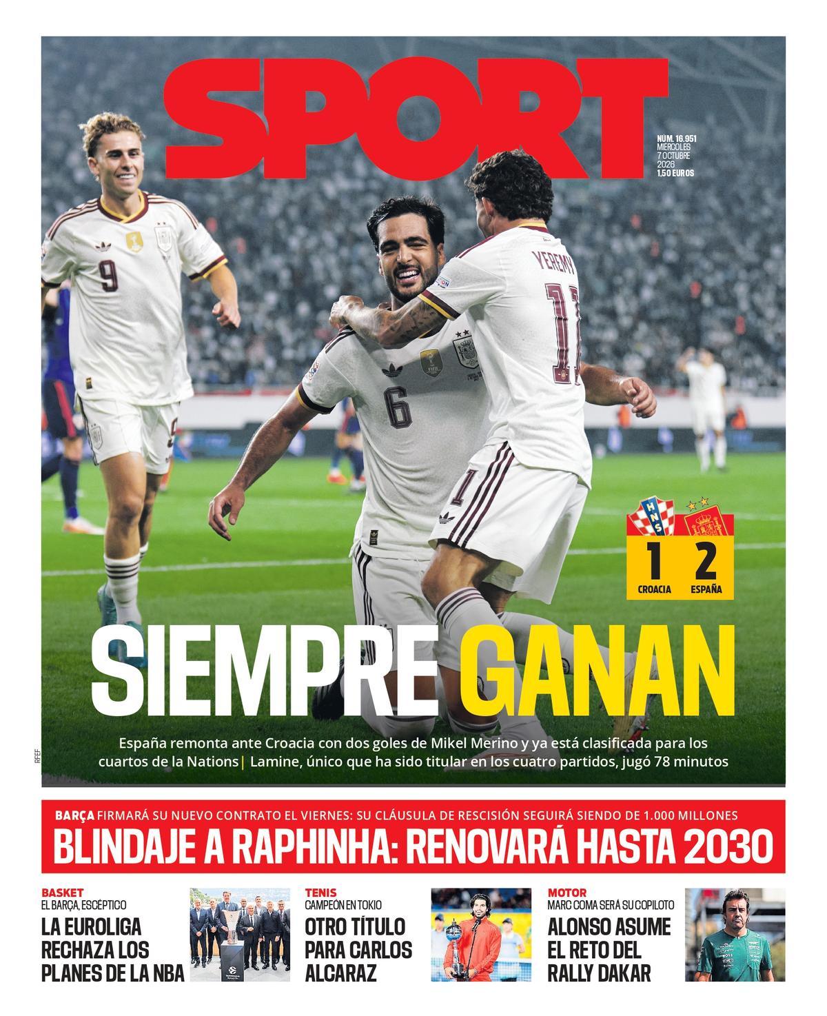 Esta es la portada de SPORT de hoy miércoles, 7 de octubre de 2026