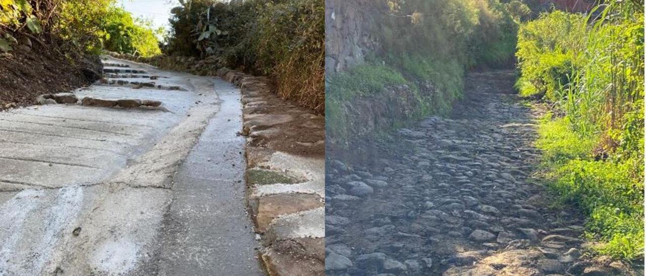 El Camino Real de Santa Brígida con cemento sobre su empedrado (i) y en su estado original.