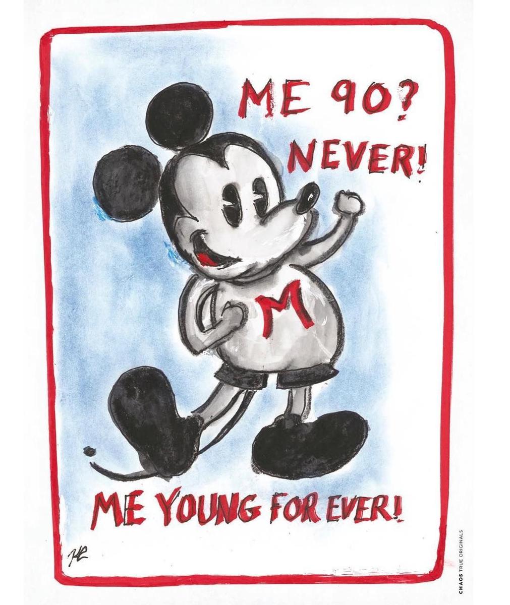 Ilustración, Postal, Mickey Mouse Con Un Regalo Felicita Feliz