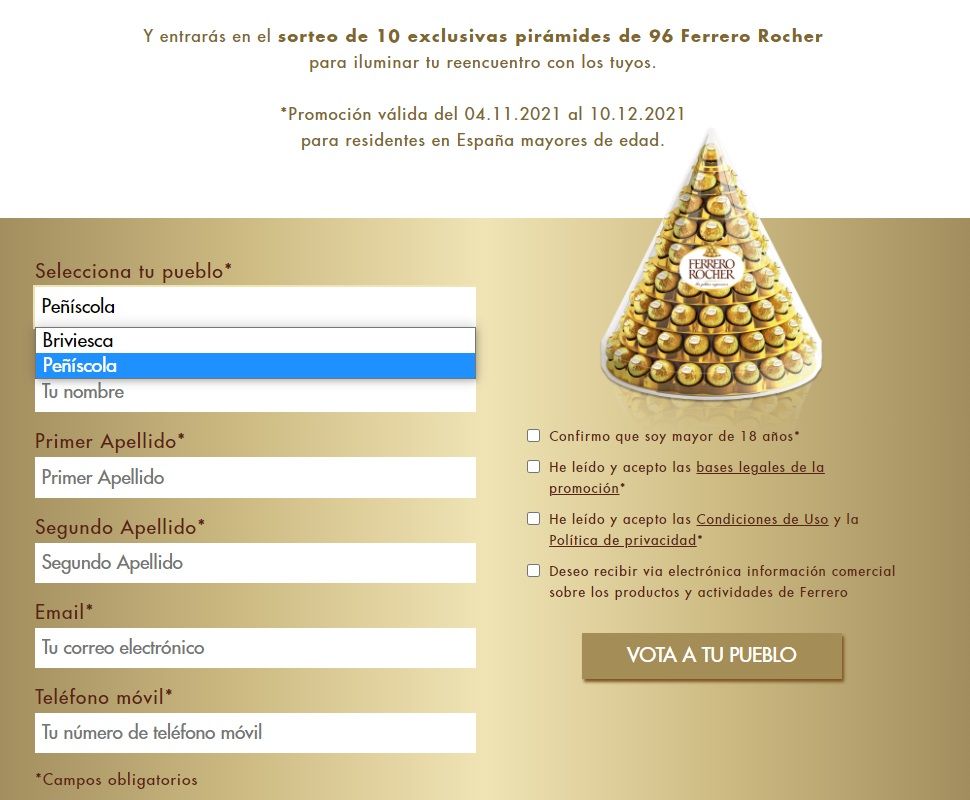 Esta es la página dentro de la web de Ferrero Rocher para votar por Peñíscola.