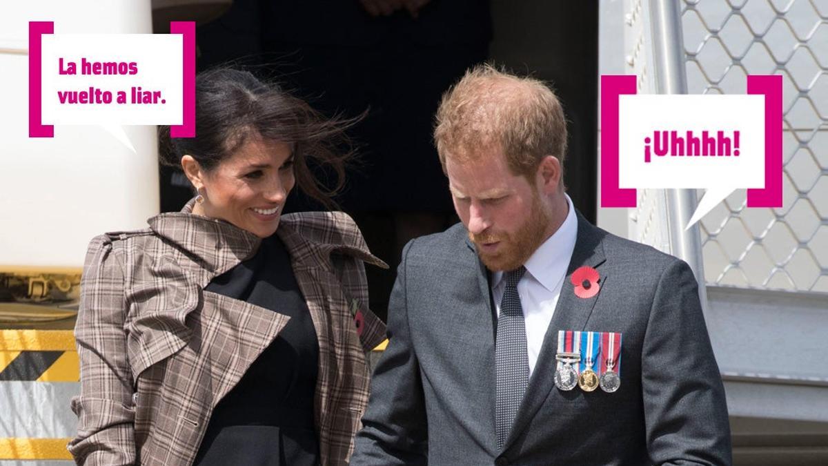 Meghan Markle y Harry bajando del avión con cuidadito