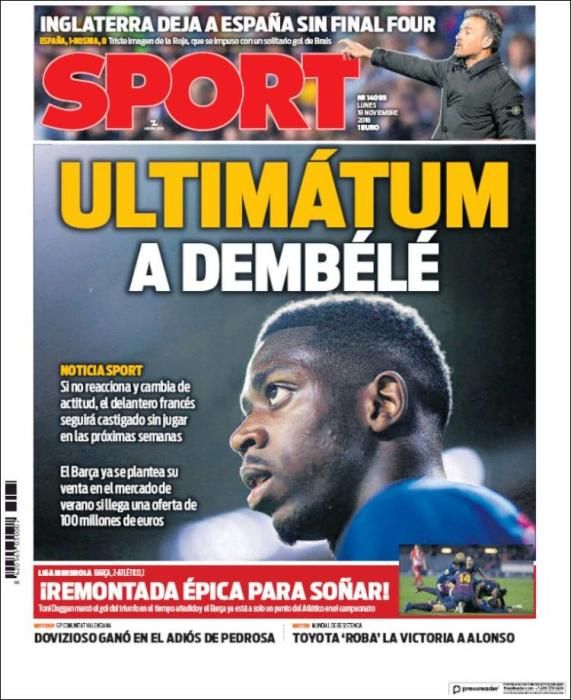 Portada SPORT lunes 19 noviembre 2018