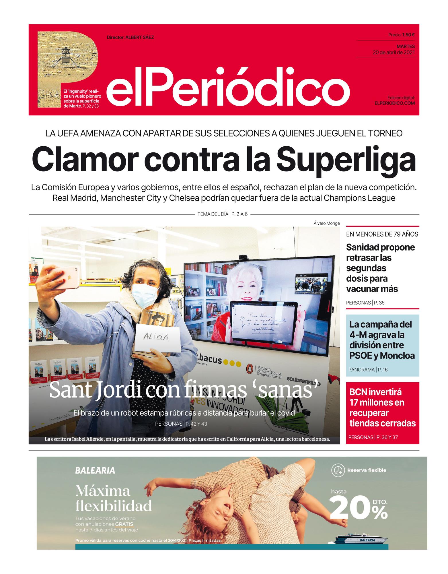 La portada de EL PERIÓDICO del 20 de abril de 2021