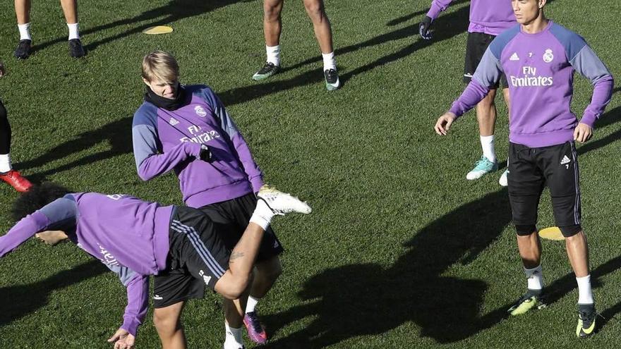 Marcelo, Odegaard, Pepe y Cristiano Ronaldo, en un entrenamiento del Real Madrid.