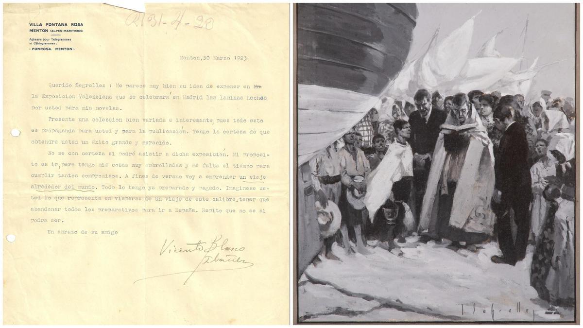 La carta de Blasco Ibáñez a Segrelles del 30 de marzo de 1923 junto a la bendición del barco 'Flor de mayo', ilustración para el libro homónimo.