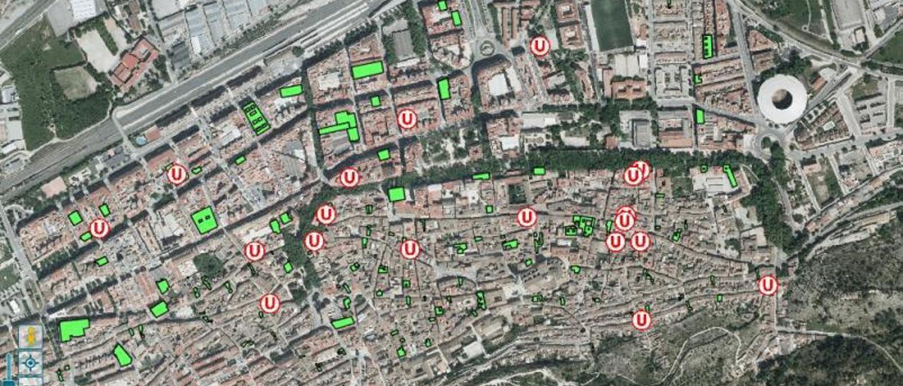 Mapa de Xàtiva: las viviendas en verde tienen la ITV y la «U» muestra las que necesitan obras urgentes. | CONSELLERIA DE VIVIENDA