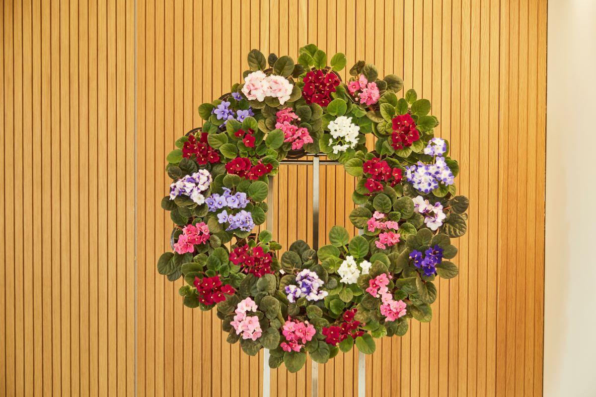 Una corona de flors feta amb plantes vives.