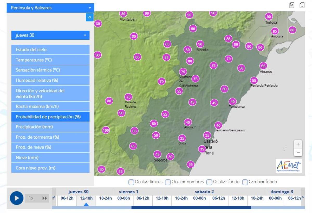 Probabilidad de lluvia en Castellón el jueves entre las 12.00 y las 18.00 horas.