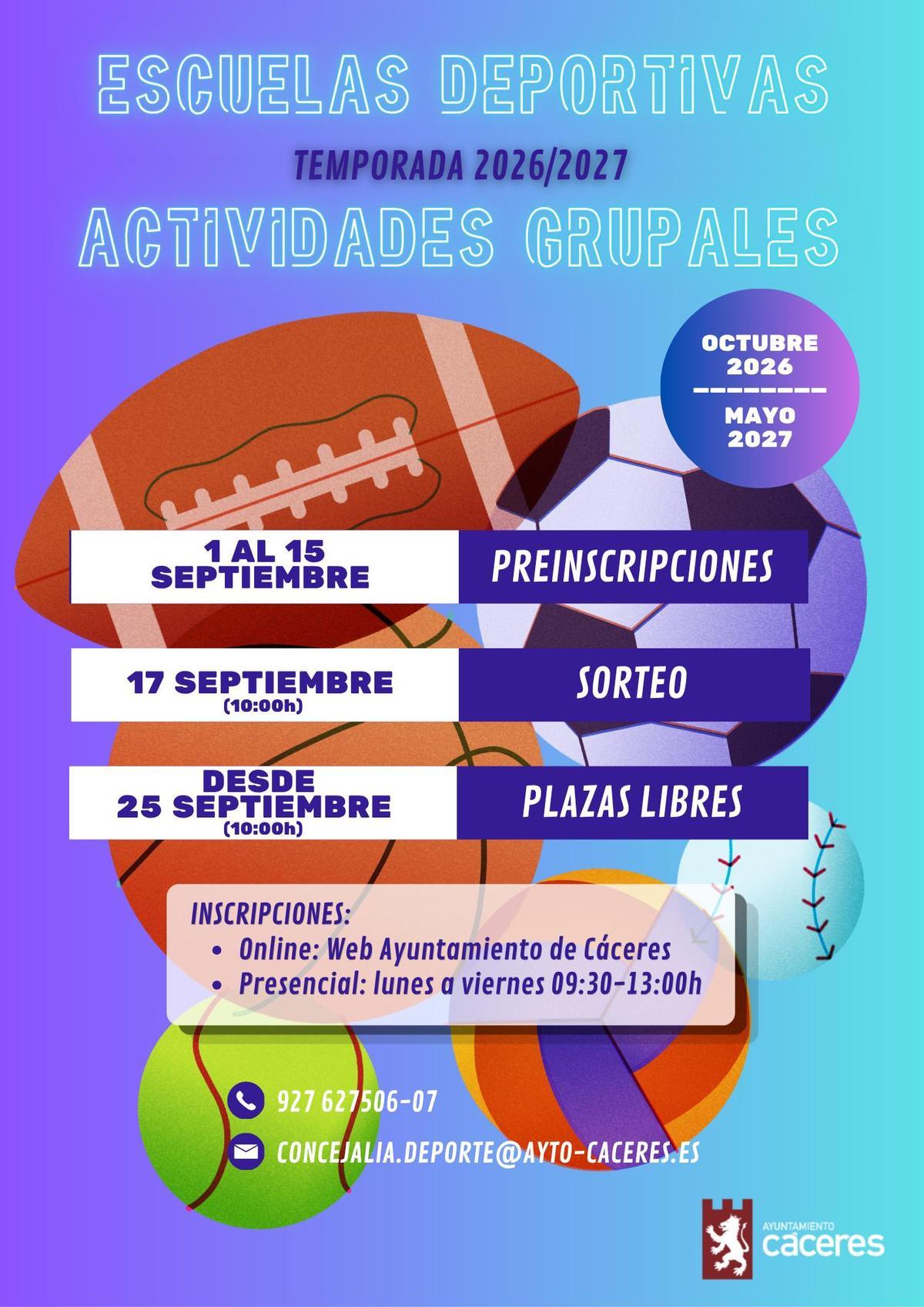 Calendario de preinscripción y adjudicación de las plazas para la temporada 2026/2027.