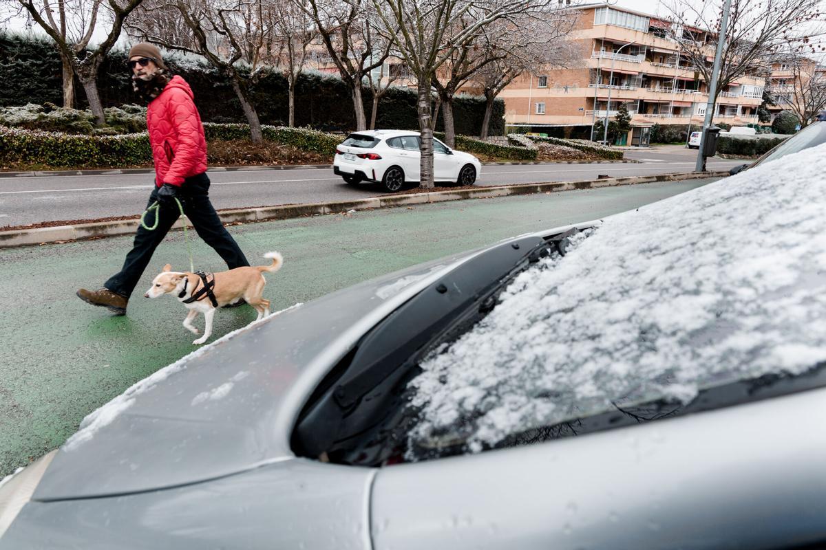 Un hombre pasea a un perro durante la borrasca ‘Francis’, a 5 de enero de 2026, en Madrid (España).