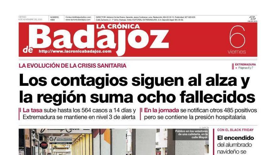 Esta es la portada de LA CRÓNICA DE BADAJOZ correspondiente al día 6 de noviembre del 2020