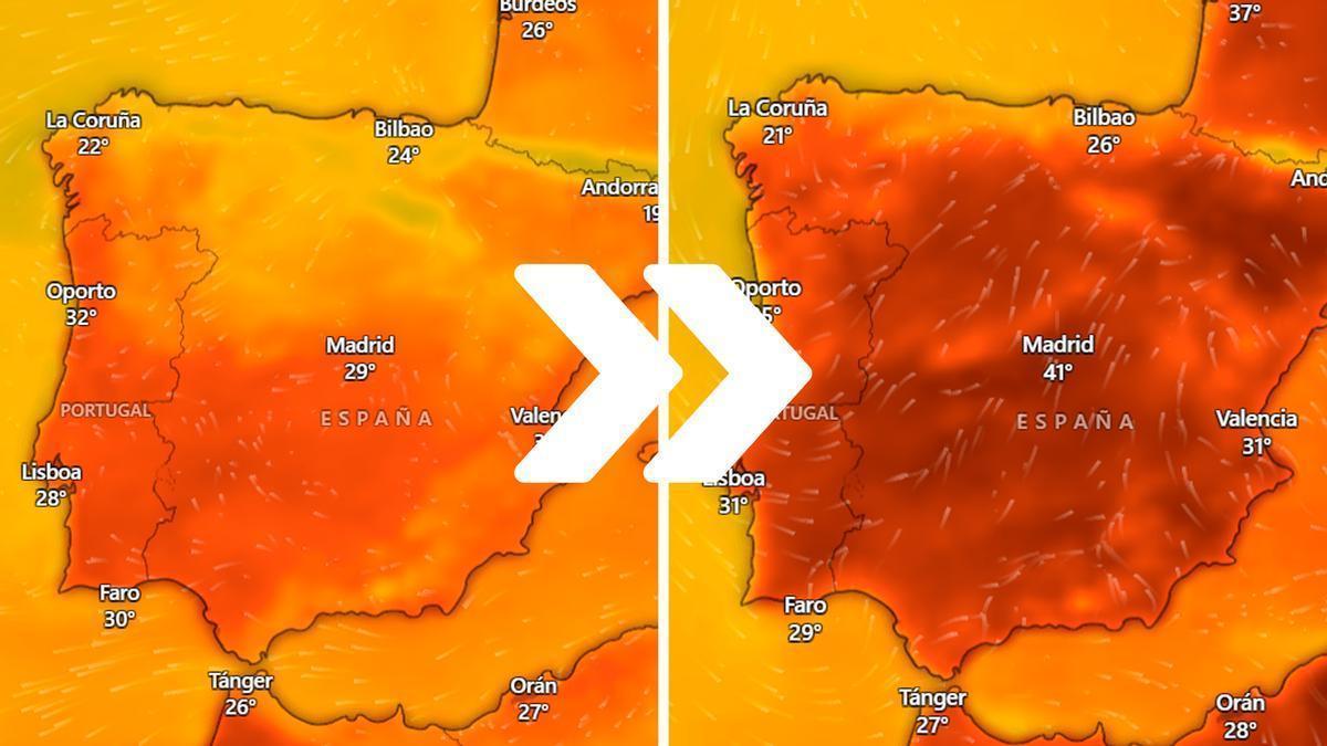 Evolución del calor desde este sábado (izda.) hasta el martes (dcha.).