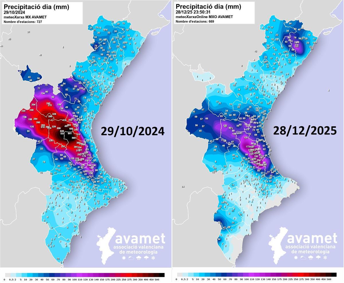 Mapa de precipitaciones de la dana de 2024 y la alerta roja por lluvias de este domingo en Valencia.