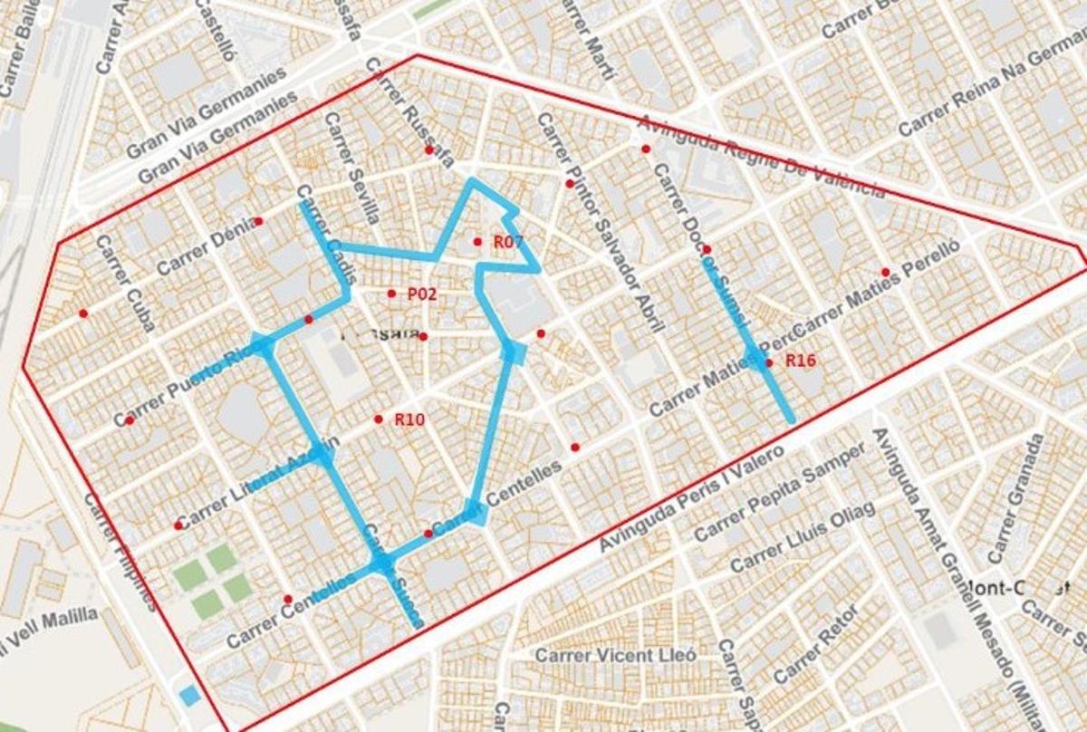 En azul, las calles afectadas por las restricciones de la ZAS