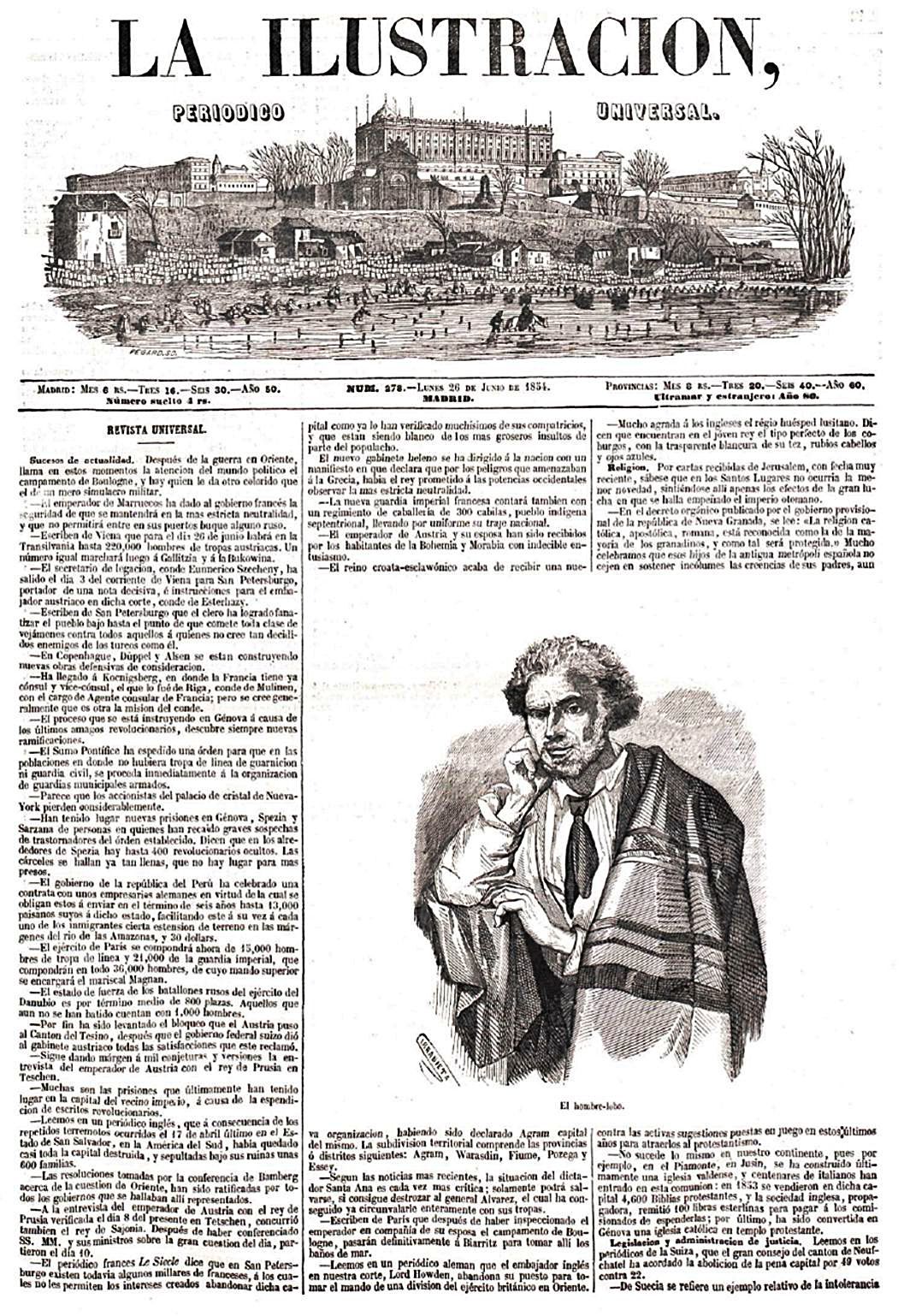 Retrato do Blanco Romasanta por Vicente Urrabieta en ‘La Ilustración Universal’ (Madrid), 26 de xuño de 1854.   | // L.O.