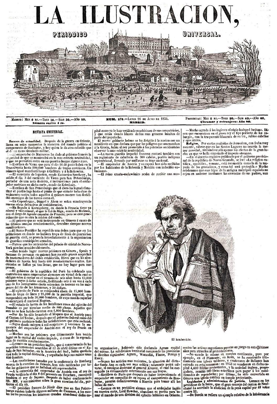 Retrato do Blanco Romasanta por Vicente Urrabieta en ‘La Ilustración Universal’ (Madrid), 26 de xuño de 1854.   | // L.O.