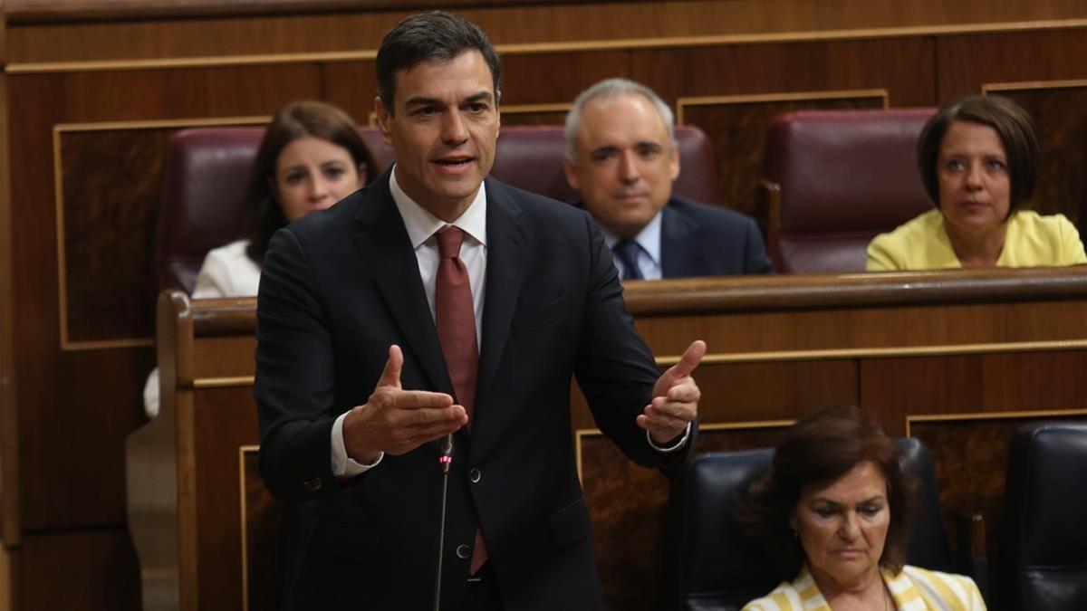 El presidente del Gobierno, Pedro Sánchez, durante su intervención.