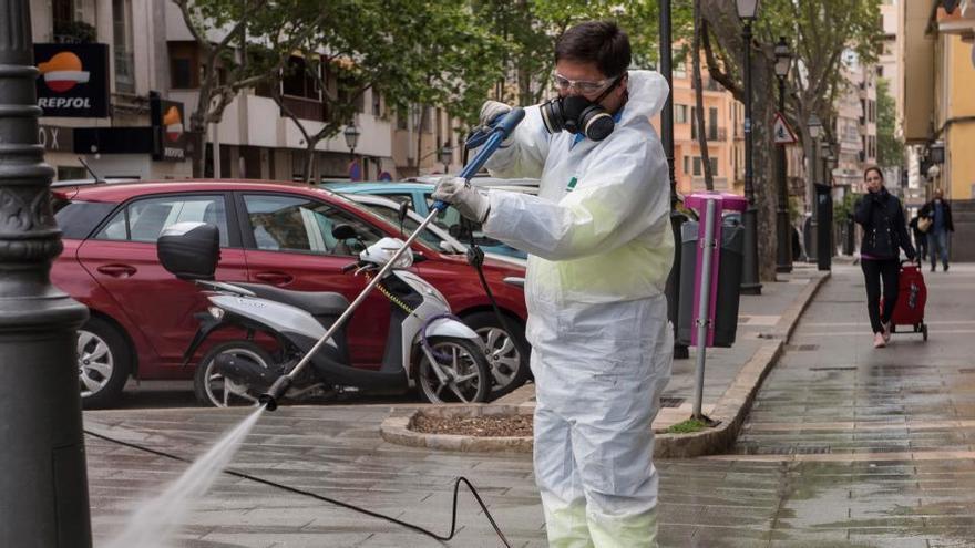 Un trabajador desinfecta las calles de Palma.