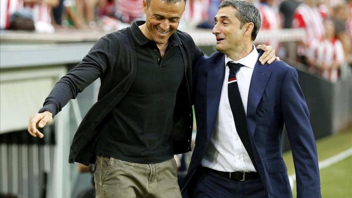 Luis Enrique y Ernesto Valverde, antes del partido.