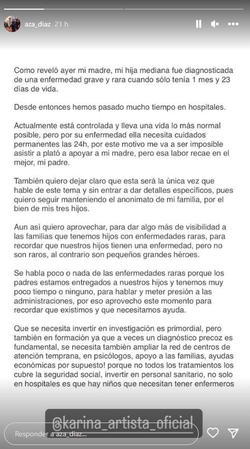 La hija de Karina habla sobre la enfermedad de la nieta de la artista