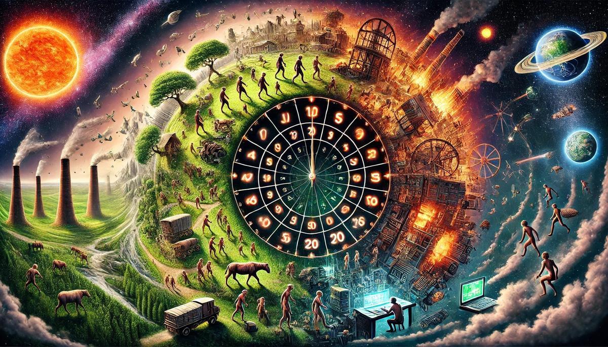 Recreación artísitca de la escala de tiempo evolutivo de la especie humana.