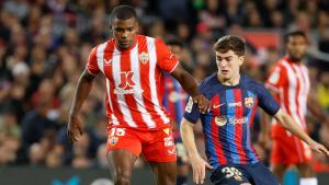 Sergio Akieme, durante el partido de la primera vuelta entre FC Barcelona y Almería en el Camp Nou